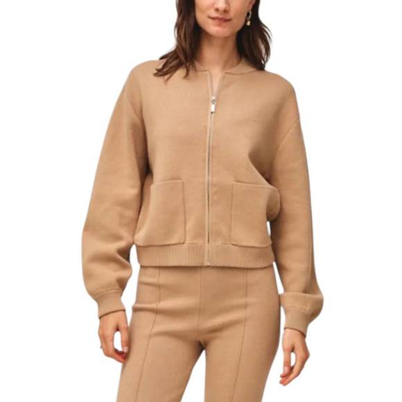 NEW WHITE + WARREN superfine organic cotton track jacket in vintage camel - Picture 1 of 4